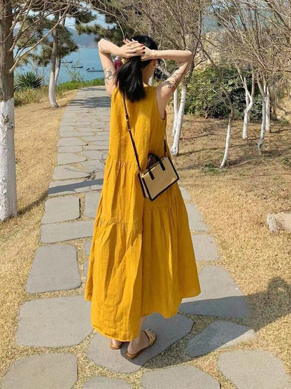Summer New Cotton and Linen Ins Gentle Solid Color Sleeveless dress French Loose Strap Slimming Holiday Style Long Dress