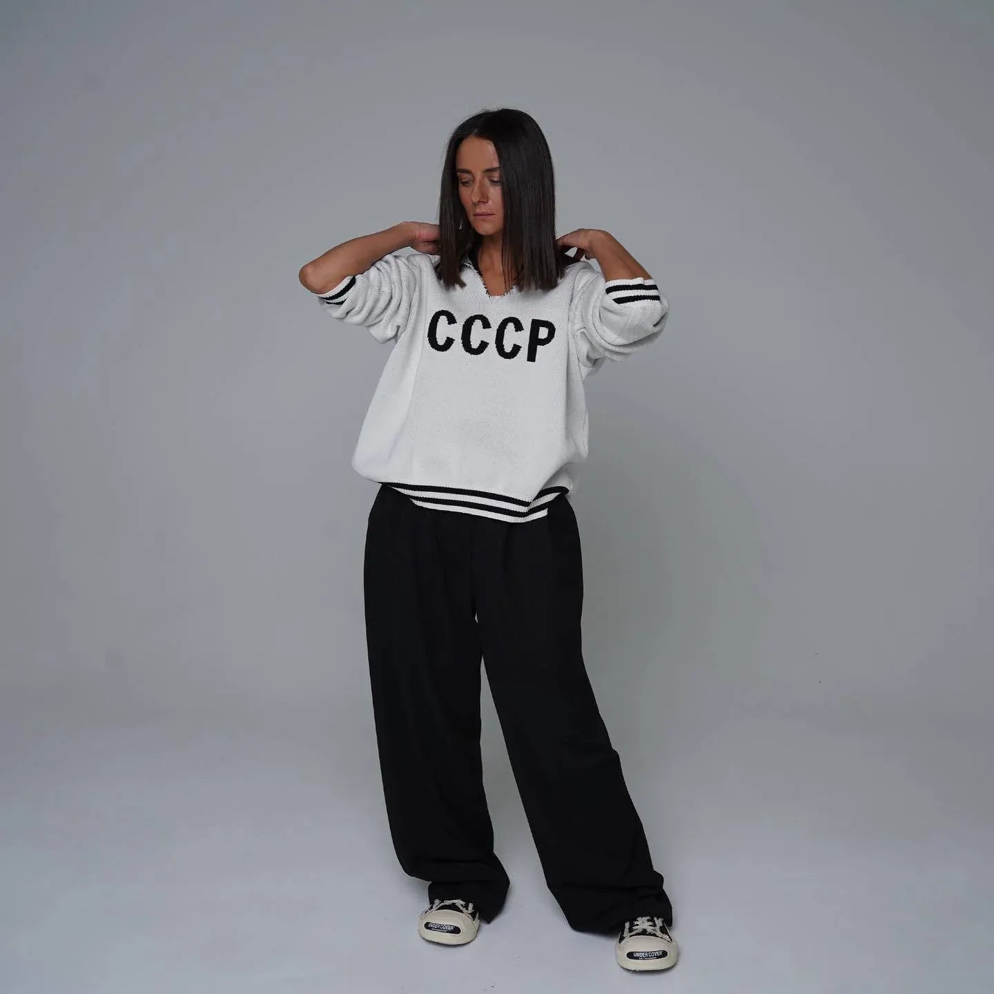JHJN Autumn V-Neck Sweater Women Patchwork Letter Streety Tops Loose Casual Pullovers Long-Sleeved Knitted Shirts Women Sweater