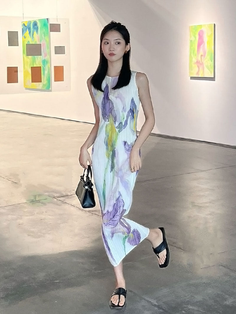 In Stock Miyake Dress Printed Elegant Elegant High-End Loose Slimming Look Elegant Round Neck Sleeveless Pleated Skirt