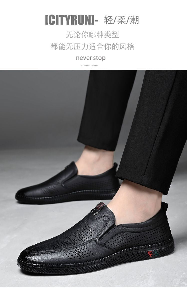 [Broken Size Processing] Leather Shoes Men's Genuine Leather Hole Shoes Dad Shoes Summer Soft Bottom Breathable Lazy Bean Shoes