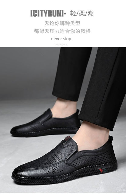 [Broken Size Processing] Leather Shoes Men's Genuine Leather Hole Shoes Dad Shoes Summer Soft Bottom Breathable Lazy Bean Shoes