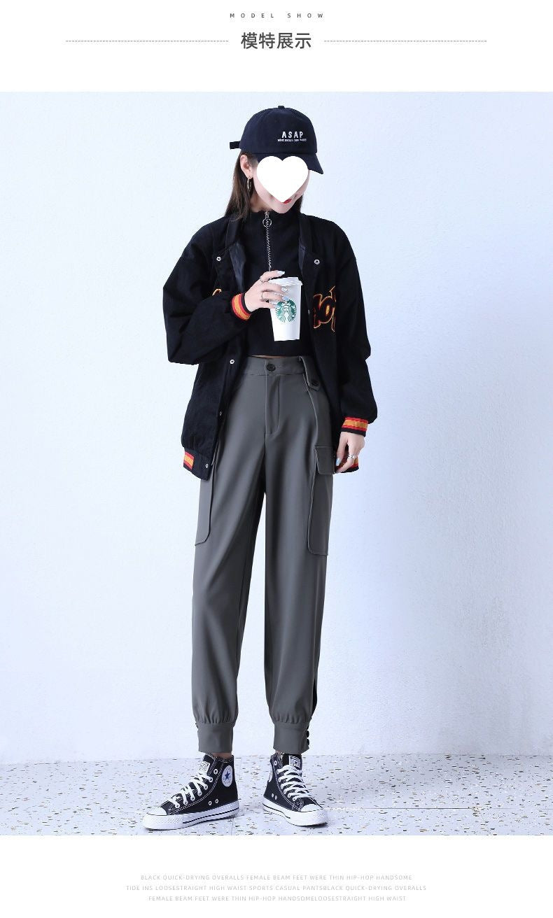 Women's Fleece-Lined Thickened Winter Korean-Style Cargo Pants, Jogger Loose Slimming Ins Harem Casual Pants for Students