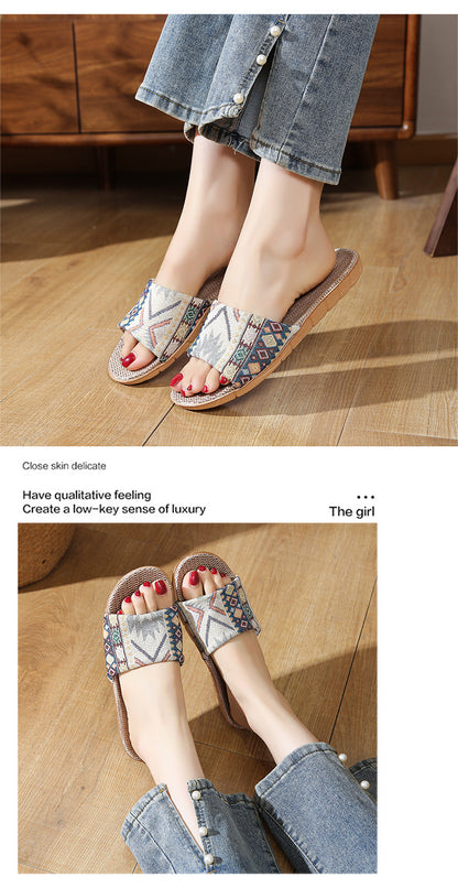 Four Seasons Home Linen Slippers Fashion Printed Thick Sole Non-Slip Sweat-Absorbent Wear-Resistant Large Sole Couple Linen Slippers Ethnic Style
