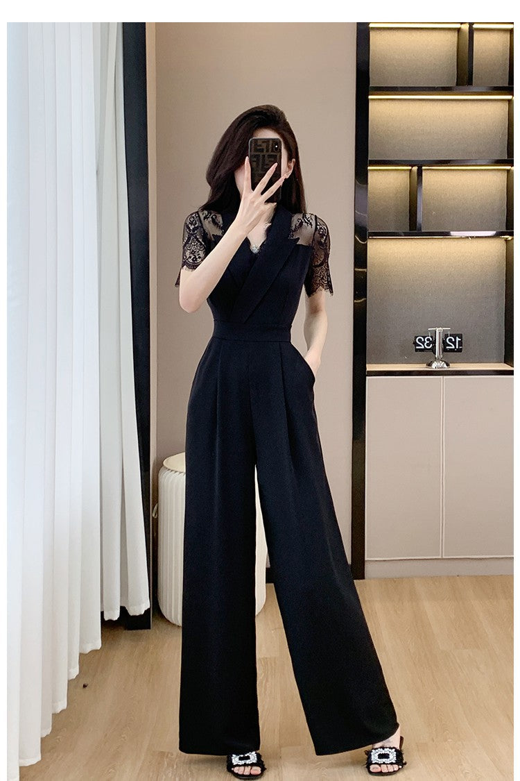 Cross-border High Leng Yujie Style Pants Women's Summer Short-sleeved High Waist Lace Stitching Hollow-out Pants Straight Pants