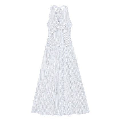 Gentle Style Stripesd Bow Halter V-Neck Dress for Women Summer Seaside Vacation A-Line Skirt French Style Long Skirt