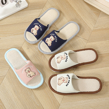 Bear Style Indoor Linen Slippers for Women Summer Home Non-Slip Women's Spring & Fall Seasons Fabric Floor Mops
