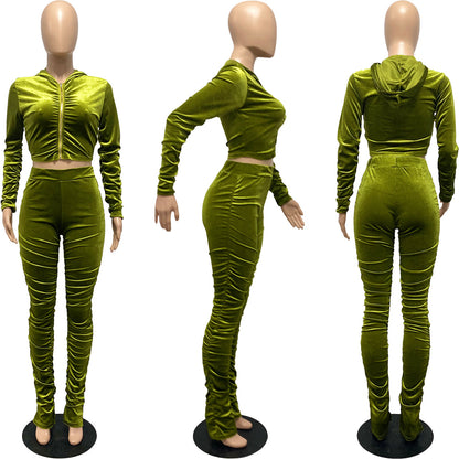 F185 European and American Women's Clothing Amazon Spring Two-piece Korean Velvet Solid Color Long Sleeve Navel Pleated Sports Suit