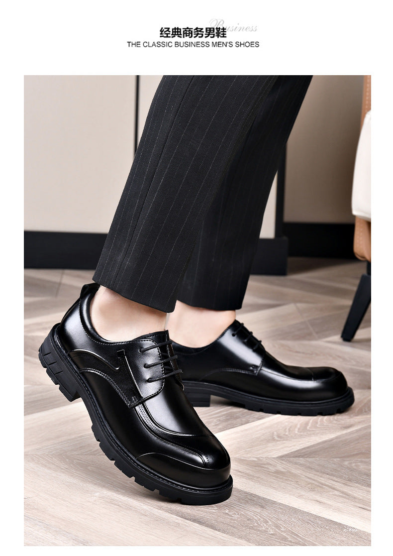 Men's Business Casual Leather Shoes with Large Toe, Thick Sole, Lace-Up, Hollow-Out Design, Fashionable British Style, Versatile Formal Men's Shoes, Breathable