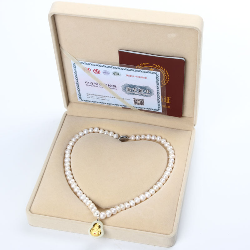 8-9 Natural Freshwater Pearl Necklace, Gold-Inlaid Jade Small Buddha Jade Necklace, Gift for Mom on Mother's Day