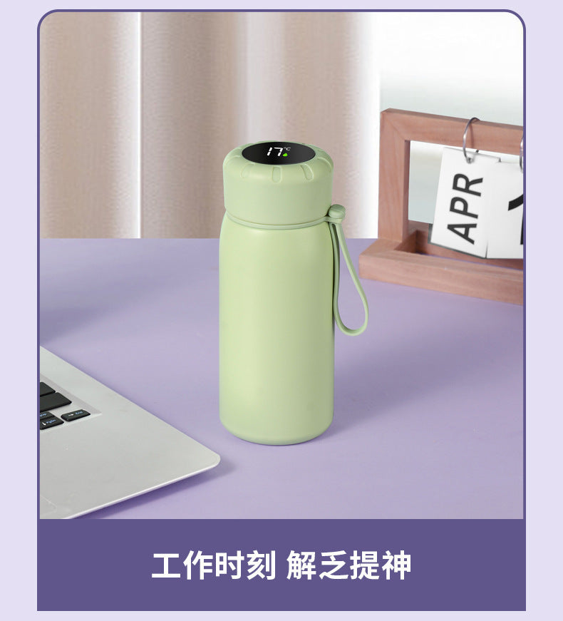 Intelligent temperature display thermos cup 316 stainless steel thermos cup solid color simple flower tea cup women's portable carrying rope accompanying cup
