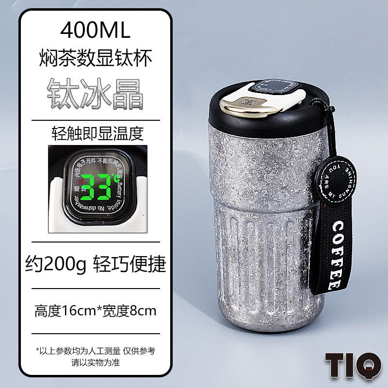 Pure Titanium Insulated Cup with Strap, Coffee Cup, Car-Mounted One-Handed Opening Lid, Antibacterial and Fresh-Keeping Titanium Cup, Fully Titanium Car-Mounted Portable