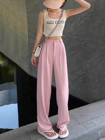 Gray Suit Pants for Women Spring and Summer New High-Waisted Double Pleated Slim Floor-Length Trousers Casual Straight Wide-Leg Pants
