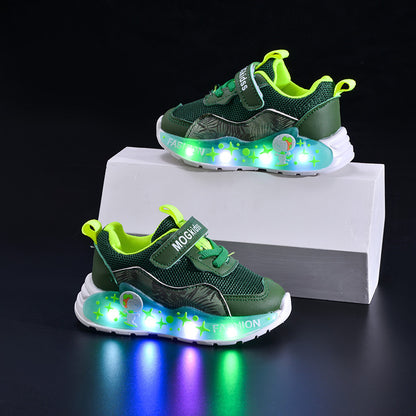 Wholesale Light-Up 2025 Spring & Fall Mesh Comfortable and Lightweight Casual Light-Up Led Light-Up Men's Sports Shoes for Small and Medium-Sized Children