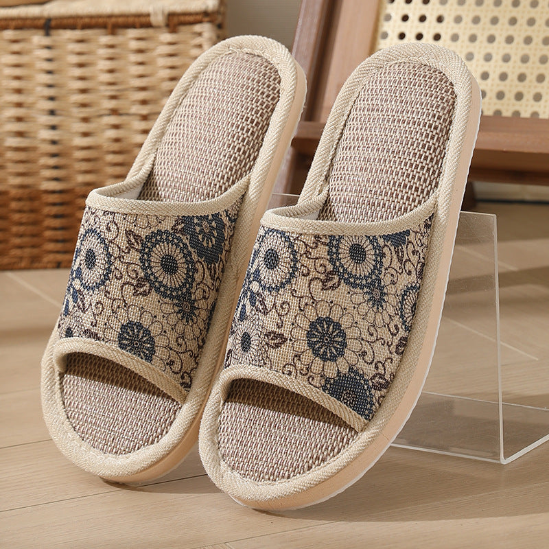New Summer Open-Toe Home Slippers, Non-Slip, for Men and Women, Couples, Indoor, Blue and White Porcelain, Wooden Floor, Light Foam Sole, Cotton and Linen