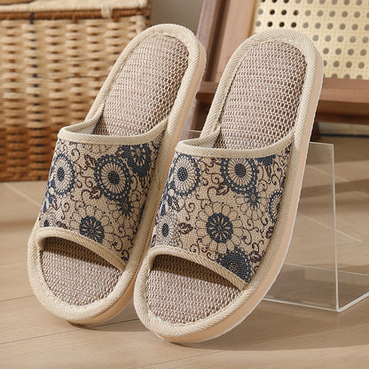 New Summer Open-Toe Home Slippers, Non-Slip, for Men and Women, Couples, Indoor, Blue and White Porcelain, Wooden Floor, Light Foam Sole, Cotton and Linen