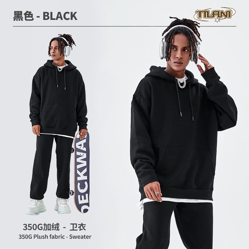 Tilani Men's Clothing European and American Trendy Brand High Quality 350g Fleece-Lined Thick Men's and Women's Hooded Sweatshirt and Sweatpants Pure Color Suit
