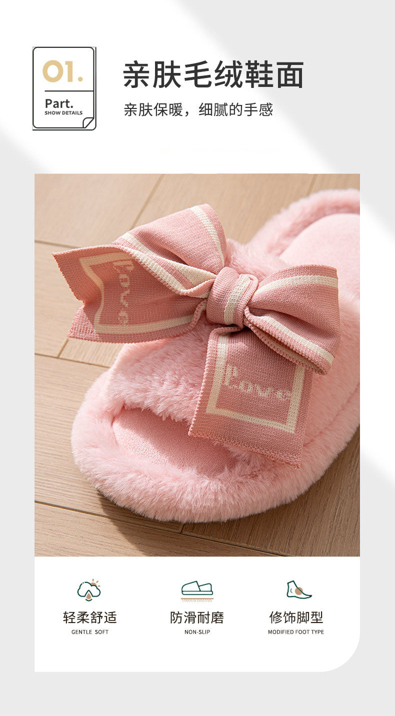 Foreign Trade Cross-Border Open-Toe Furry Bow Women's Indoor Home Wooden Floor Four-Season Furry Slippers