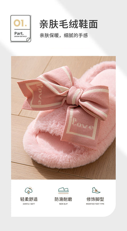 Foreign Trade Cross-Border Open-Toe Furry Bow Women's Indoor Home Wooden Floor Four-Season Furry Slippers