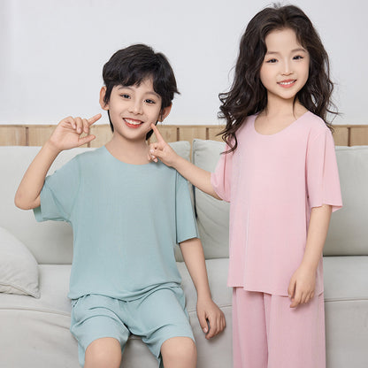 Summer New Style Boys' Short-Sleeved Loose Seamless Ice Silk Home Clothes Children's Two-Piece Set Girls' Pajamas Set Wholesale