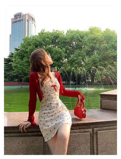 Plus Size Fat mm French Sweet Sexy Sweet Contrasting Suspender Skirt Women's Summer Red Cardigan + Floral Skirt Two-Piece Set