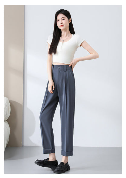 New Style Ice Silk Suit Pants for Petite Women, Cropped Straight-Leg Pants, Summer Thin Cigarette Pants, Free Shipping