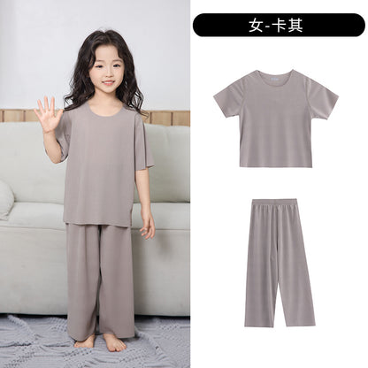Summer New Style Boys' Short-Sleeved Loose Seamless Ice Silk Home Clothes Children's Two-Piece Set Girls' Pajamas Set Wholesale