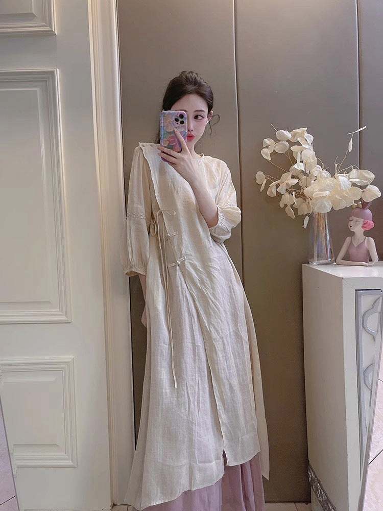 Summer New Style Quality Ramie Handmade Buckle Lace Lace Guofeng dress Double-Layer Skirt suit