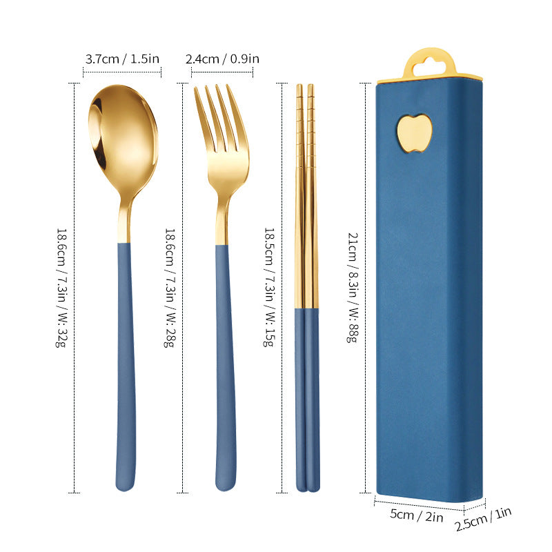 304 Stainless Steel Convenient Tableware Fork, Spoon and Chopsticks Three-Piece Set Outdoor Travel Student Storage Box Tableware Set