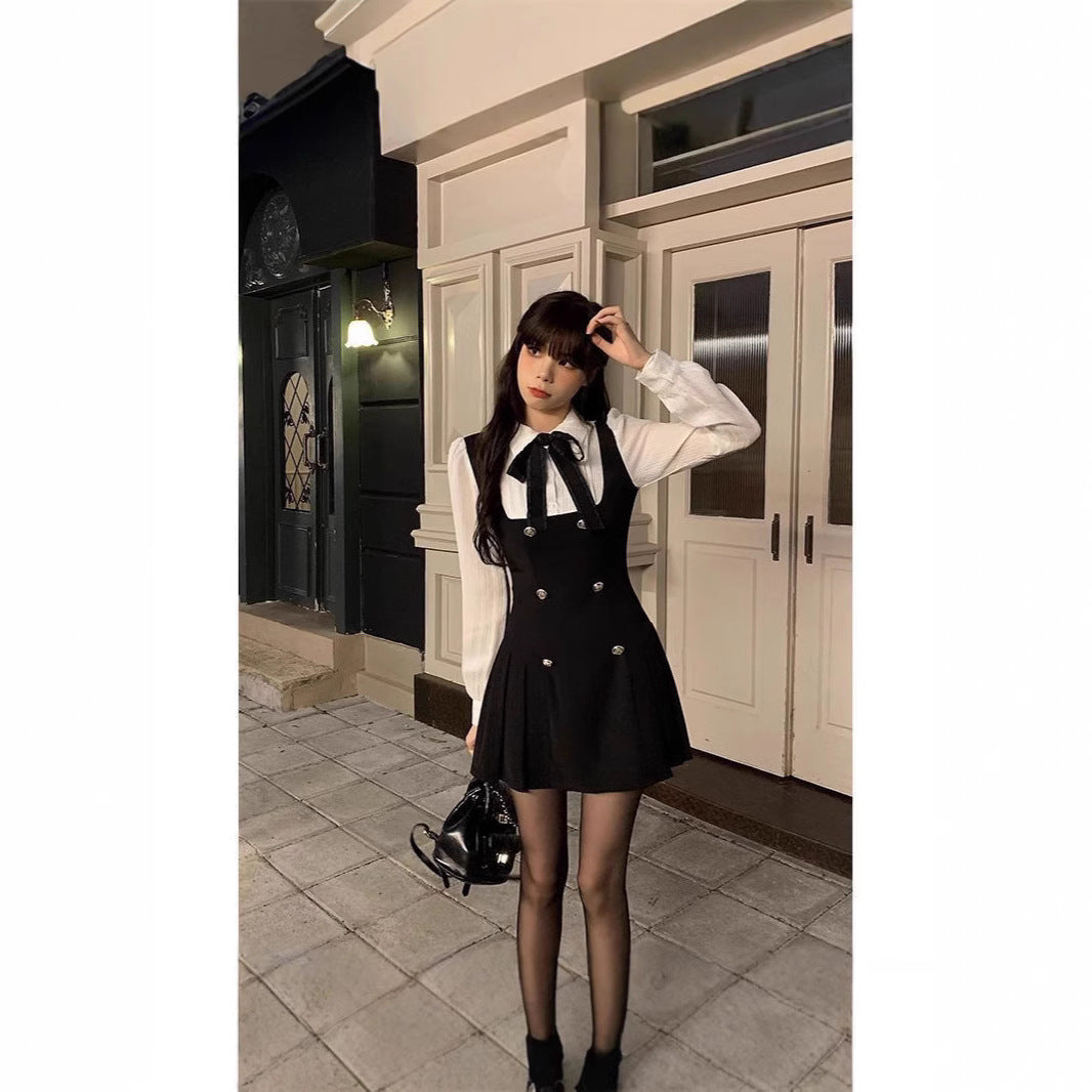 French dress Autumn Fake Two-piece Long-sleeved Slim 2025 New College Style Bow Fake Two-piece dress