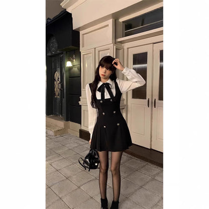 French dress Autumn Fake Two-piece Long-sleeved Slim 2025 New College Style Bow Fake Two-piece dress