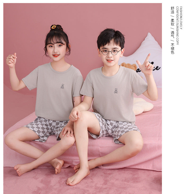 Children's Pajamas, Pure Cotton, Summer Short-Sleeved Shorts Set for Boys, Home Clothes for Girls, Air-Conditioned Clothes for Middle-Aged and Older Boys