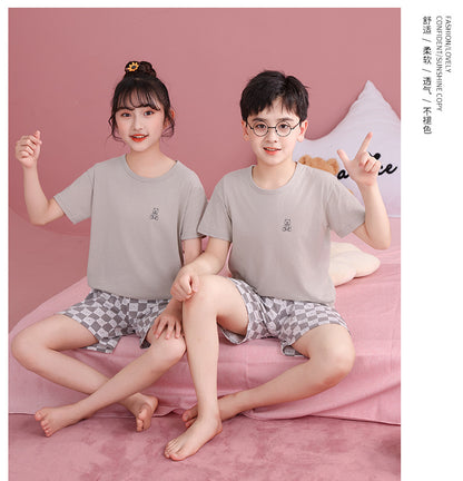 Children's Pajamas, Pure Cotton, Summer Short-Sleeved Shorts Set for Boys, Home Clothes for Girls, Air-Conditioned Clothes for Middle-Aged and Older Boys