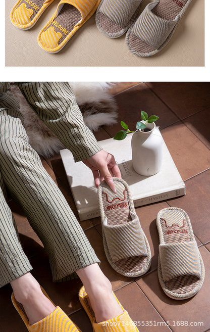 Linen Slippers Men's Breathable Indoor Home Non-slip Soft Bottom Mute Sweat Absorbing Spring and Autumn Four Seasons Foot Bear Floor Slippers