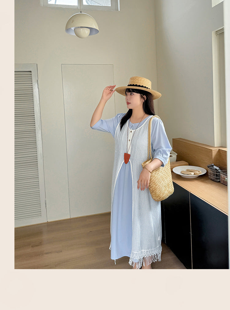 Two days 2025 spring new plus size women's tassel hollow blouse/solid color waist dress 8782AB