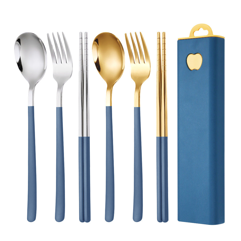 304 Stainless Steel Convenient Tableware Fork, Spoon and Chopsticks Three-Piece Set Outdoor Travel Student Storage Box Tableware Set