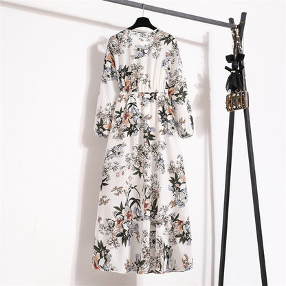 Cross-border Foreign Trade Floral Chiffon Long Dress Women's Spring Dress Long Sleeve Crewneck Base Skirt Waist Slim Long Dress