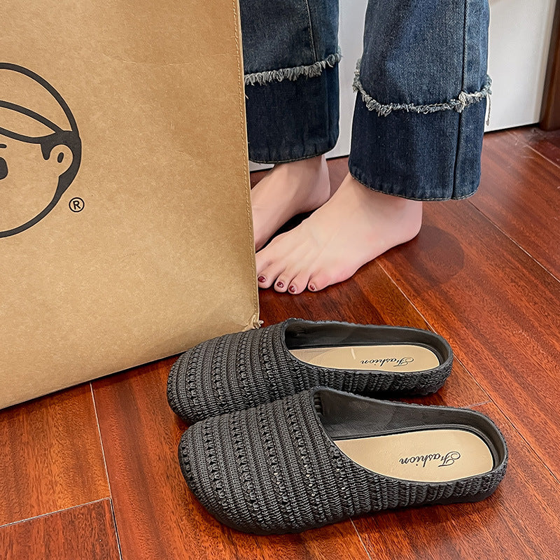 New Foreign Trade French Niche Hollow Toe Half Slippers for Women Summer Cross-Border Wear Roman Style Soft-Soled Mule Shoes