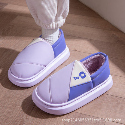 New Leather Waterproof Cotton Slippers for Women in Winter Indoor Thick-Soled Warm Home Fleece-Lined Bag and Couple Wool Slippers for Men