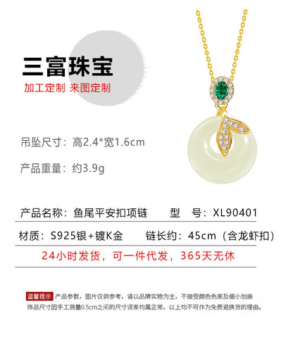 S925 Sterling Silver Clavicle Necklace Women's Summer Hetian Jade Fish Tail Pendant Simple Accessible Luxury Niche High-End Accessories