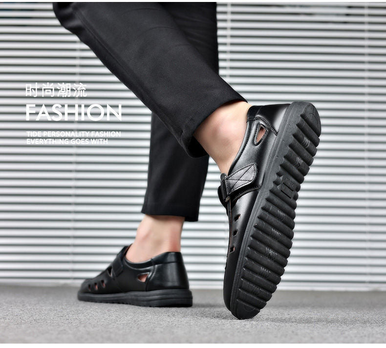 Leather cowhide special clearance shoes hollow leather sandals men's casual hole shoes middle-aged business dad shoes