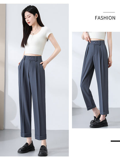 New Style Ice Silk Suit Pants for Petite Women, Cropped Straight-Leg Pants, Summer Thin Cigarette Pants, Free Shipping