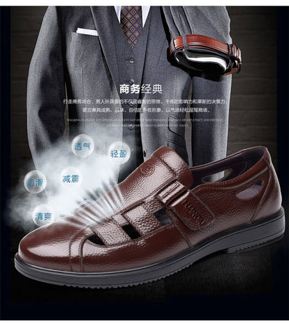 Leather cowhide special clearance shoes hollow leather sandals men's casual hole shoes middle-aged business dad shoes