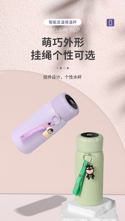 Intelligent temperature display thermos cup 316 stainless steel thermos cup solid color simple flower tea cup women's portable carrying rope accompanying cup