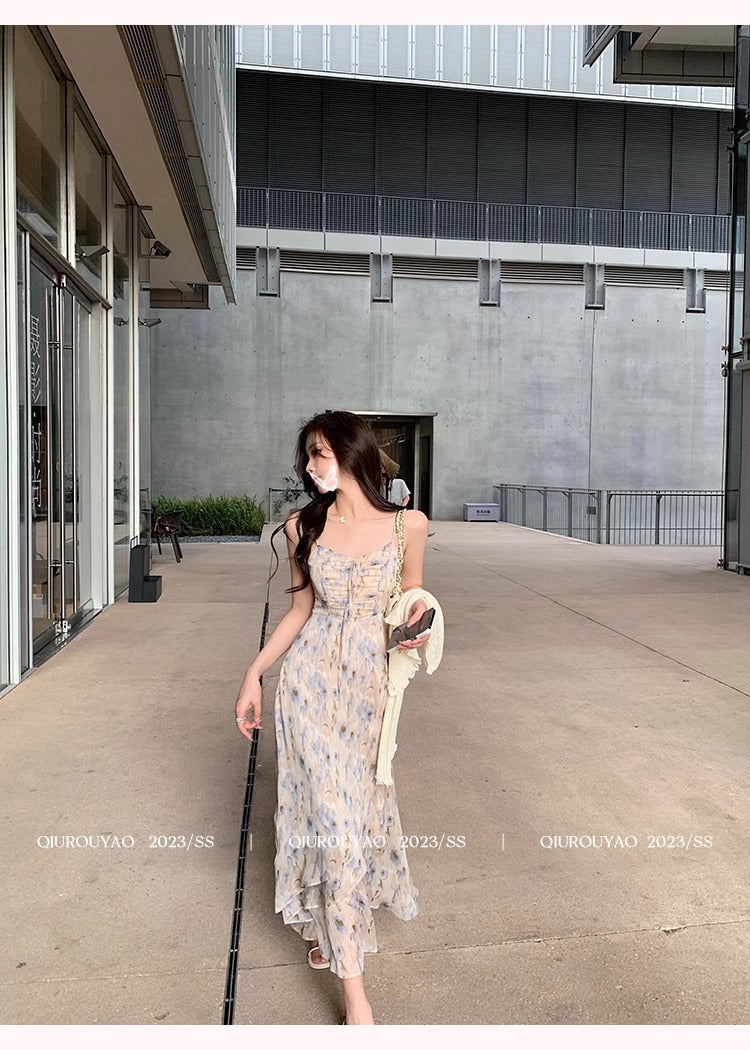 French Style Waisted Gentle Floral dress Women's Seaside Beach Vacation Fairy dress Elegant Pure Slip Dress