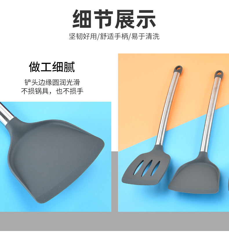 Silicone kitchenware suit 8-piece set stainless steel tube handle spatula baking scraper egg beater cooking hot pot spoon