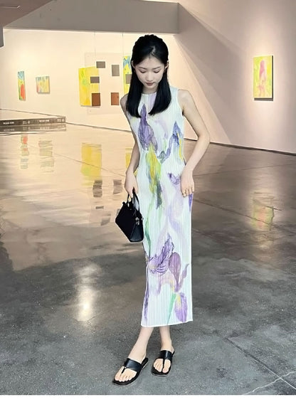 In Stock Miyake Dress Printed Elegant Elegant High-End Loose Slimming Look Elegant Round Neck Sleeveless Pleated Skirt