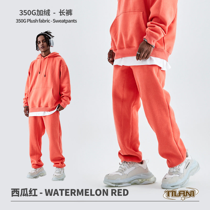 Tilani Men's Clothing European and American Trendy Brand High Quality 350g Fleece-Lined Thick Men's and Women's Hooded Sweatshirt and Sweatpants Pure Color Suit