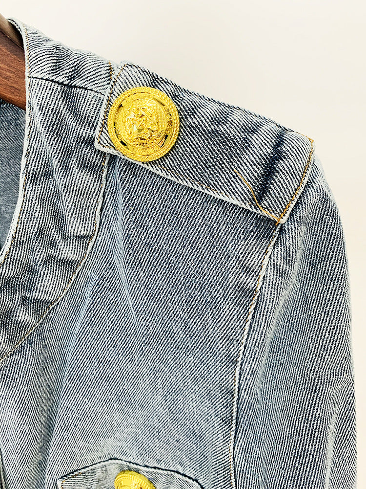 In Stock 2026 European and American Celebrity Style New Round-Neck Lion Buckle Ultra-Short Washed Denim Jacket