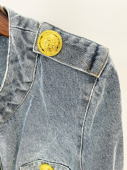 In Stock 2026 European and American Celebrity Style New Round-Neck Lion Buckle Ultra-Short Washed Denim Jacket