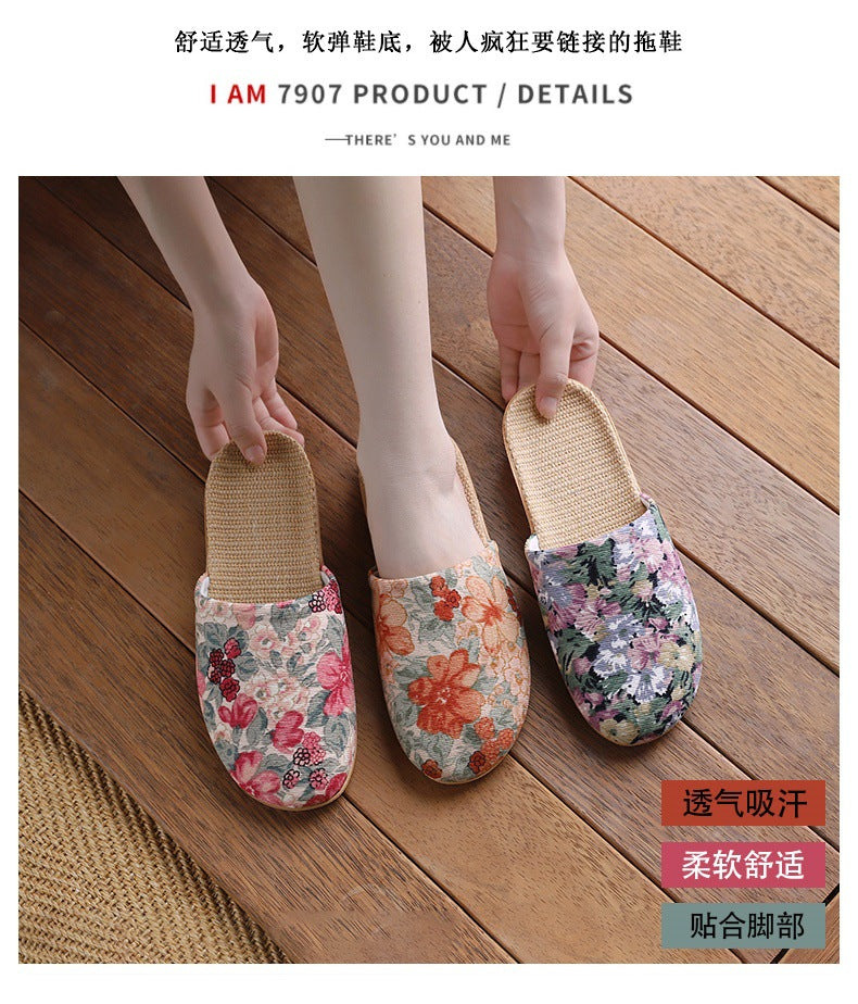 Baotou Spring & Fall Indoor Comfortable and Breathable Linen All Year Round Home Fabric Sandals for Women and Couples Floor Soft Bottom Home